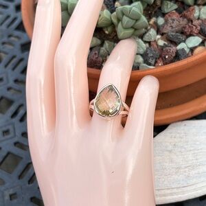 Genuine 6.40 ct Golden Citrine Checkerboard Pear Cut Ring Size 7 Sterling Silver